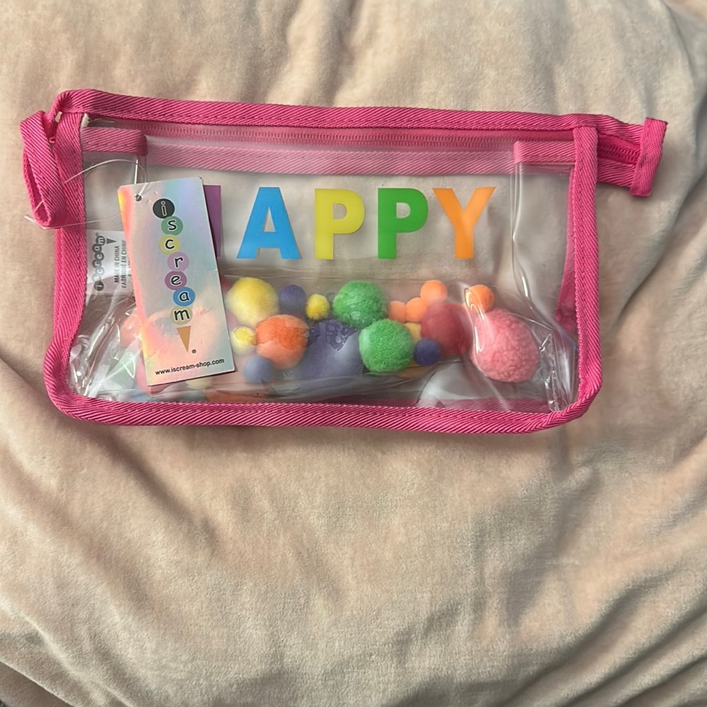 iscream Happy Pom Poms Clear Cosmetic Bag nwt